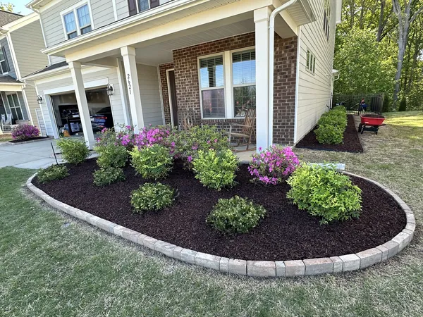 An oval mulched bed with azaleas and a light poured curb