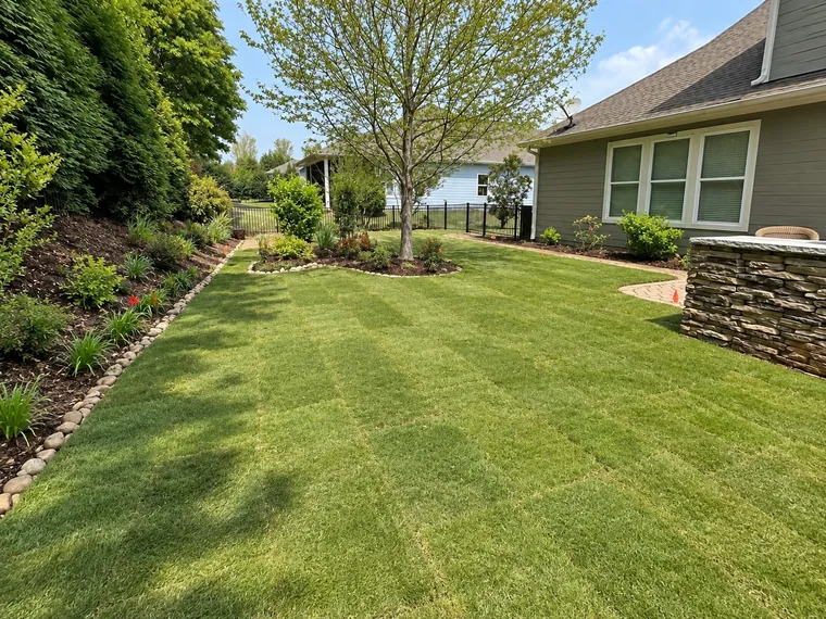 A striped residential lawn with a mulched tree ring