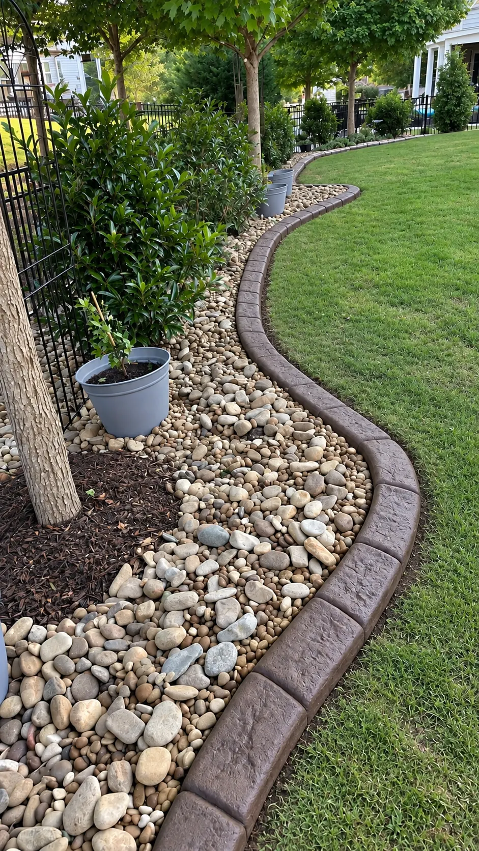 A winding poured curb separating lawn from a river-rock planting strip