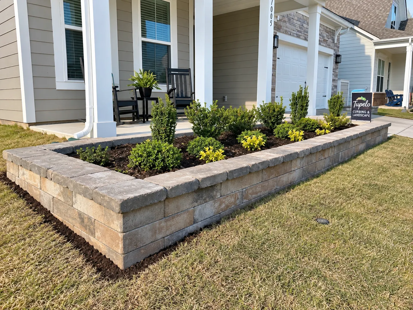A rectangular raised planter of stacked stone filled with shrubs in front of a porch