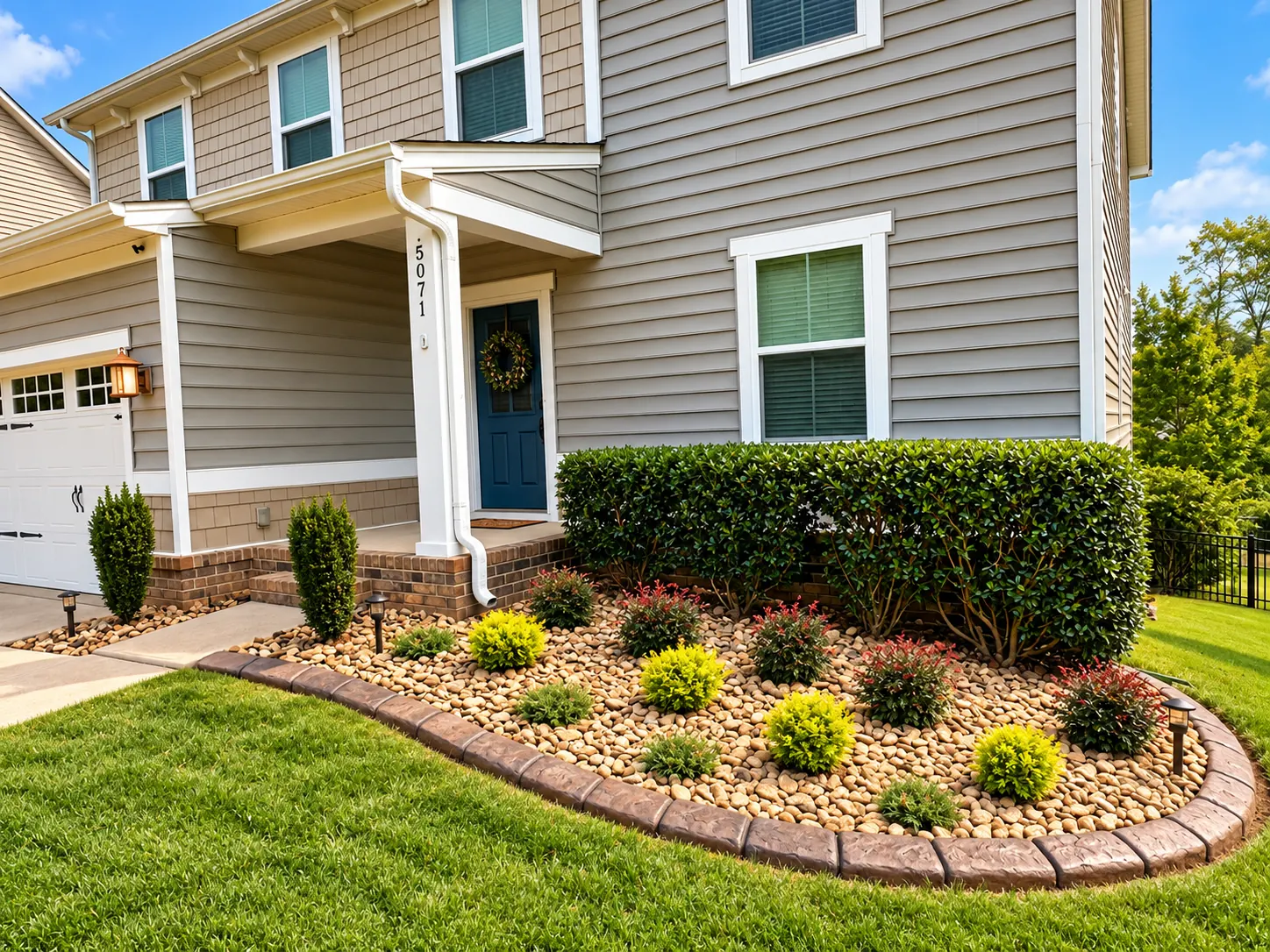 Front bed with a poured curb, river rock, low shrubs and a green lawn