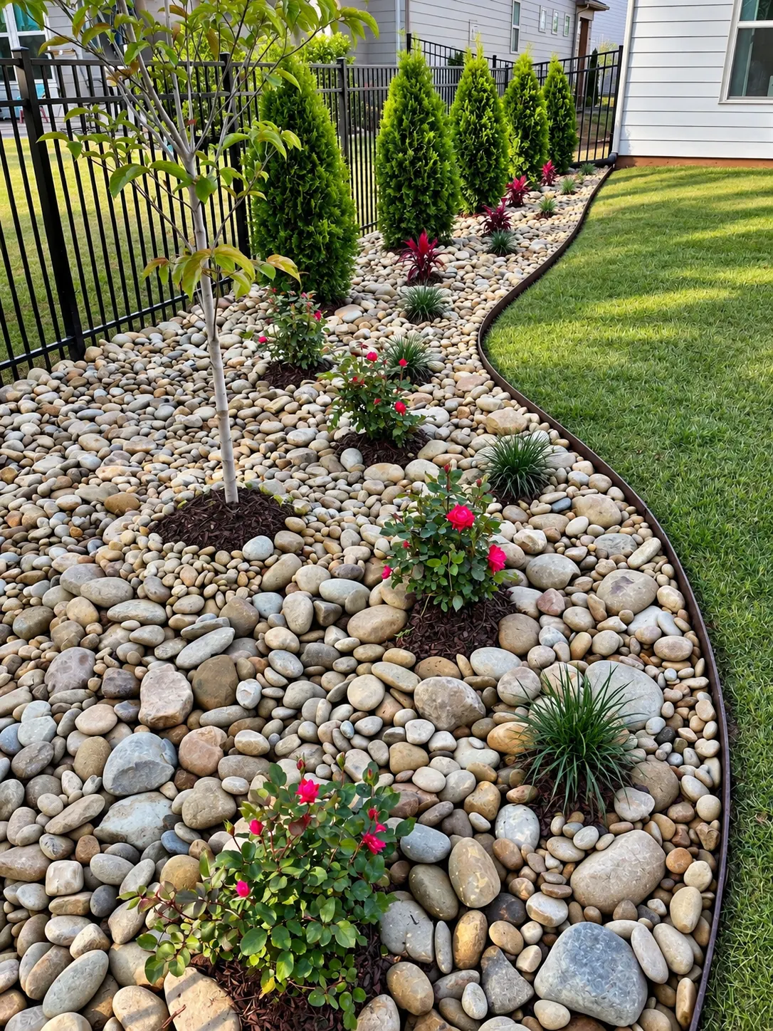 River rock bed with roses and arborvitae along a black fence, edged in concrete
