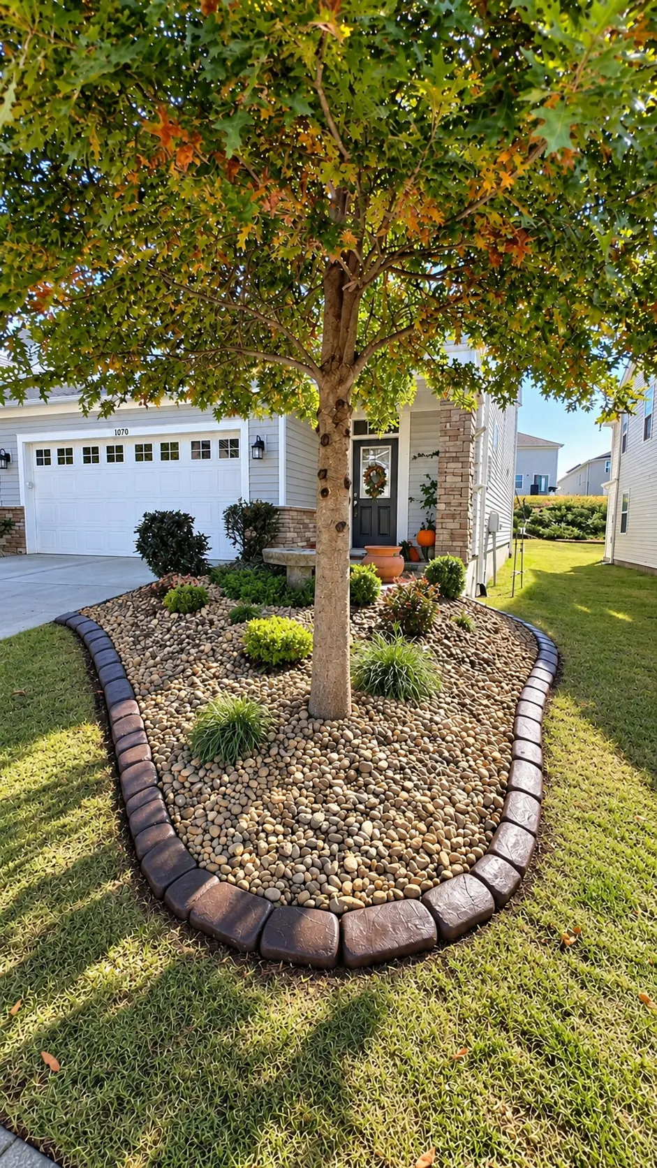 A tree island of river rock inside a dark poured curb in a front lawn