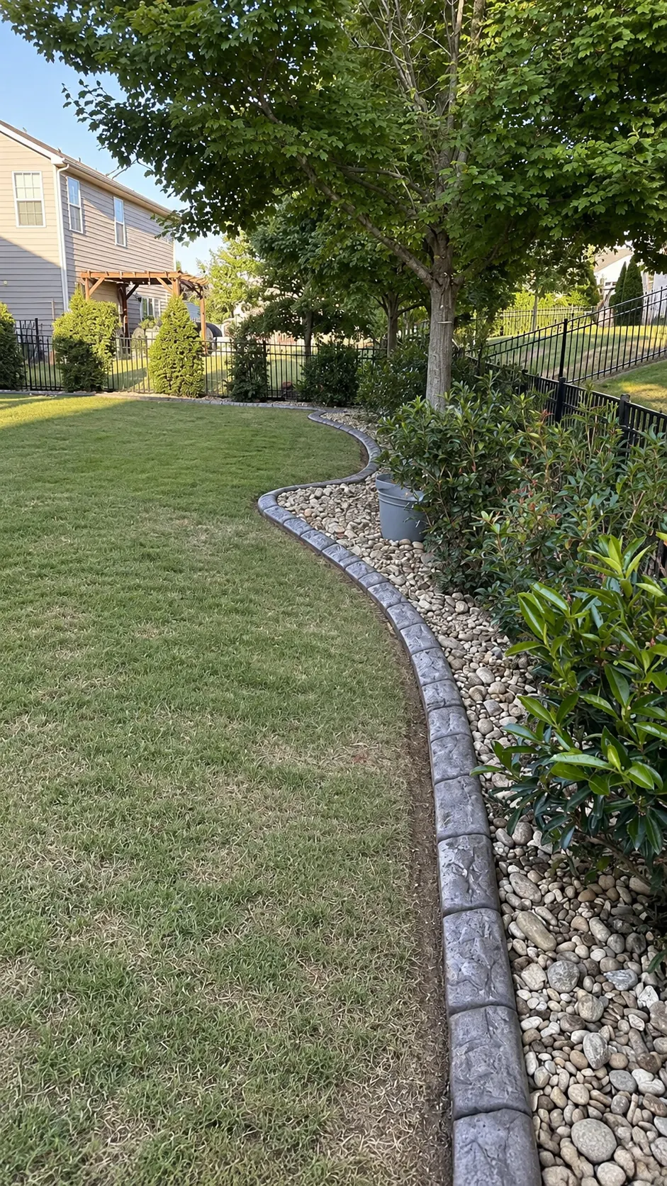 Portrait view of a river-rock tree island with a poured curb