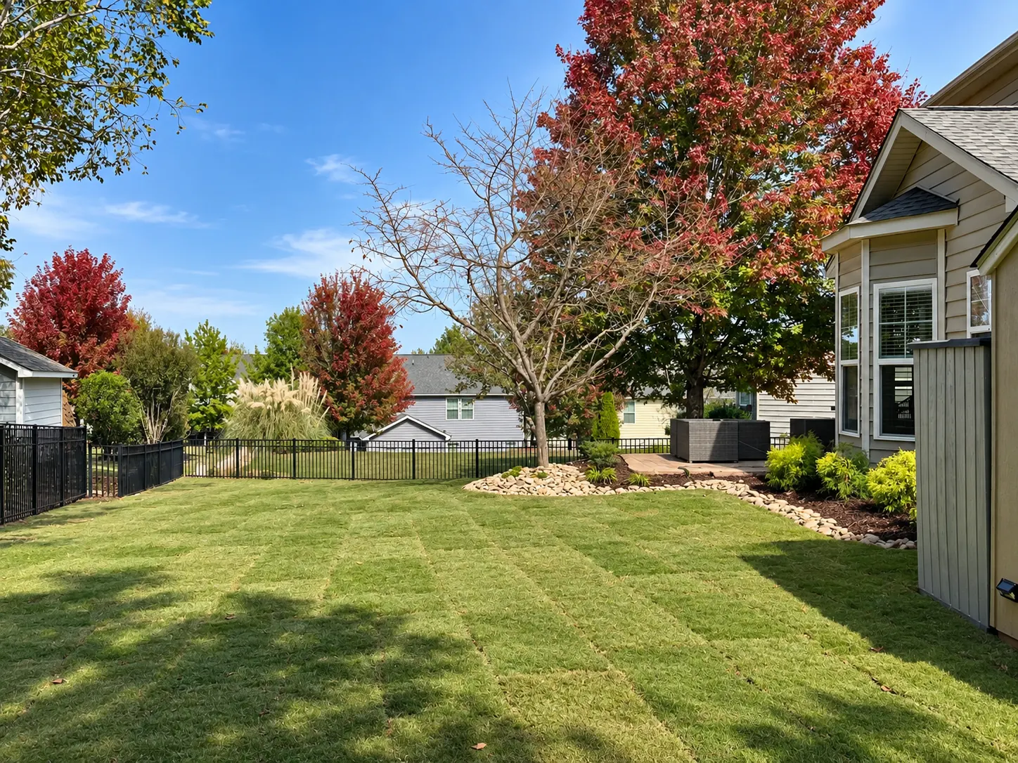 A concrete walk between mulched beds and a green lawn